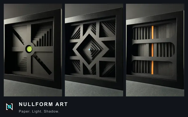 Nullform Art: three hand-built paper constructions with lime, cyan and orange centers.