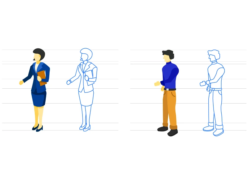 Finished illustration vectors of a female real estate agent and a male homeowner, each shown as a full-color figure beside its blue line-art construction outline on a horizontal proportion grid