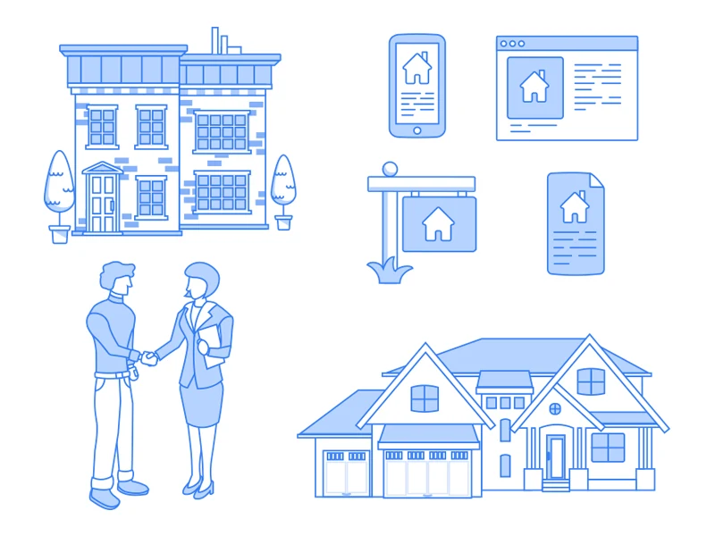 Finished illustration set: an office building, a phone and a browser icon each showing a home listing, a for-sale yard sign, a listing document, an agent shaking hands with a client, and a single-family house