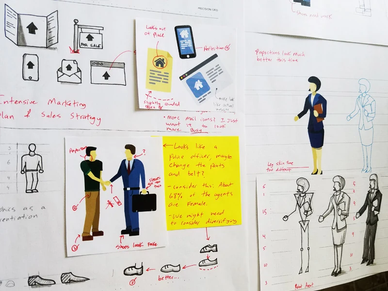 Sketch page showing an Intensive Marketing Plan icon set (mailbox, browser, phone, for-sale sign), proportion studies for illustrated figures, and an agent-and-client handshake sketch annotated with critique notes about diversifying the characters