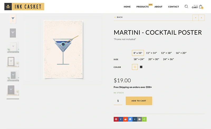 Ink Casket product page for a martini cocktail poster, with size, colour and quantity selectors and an add-to-cart button