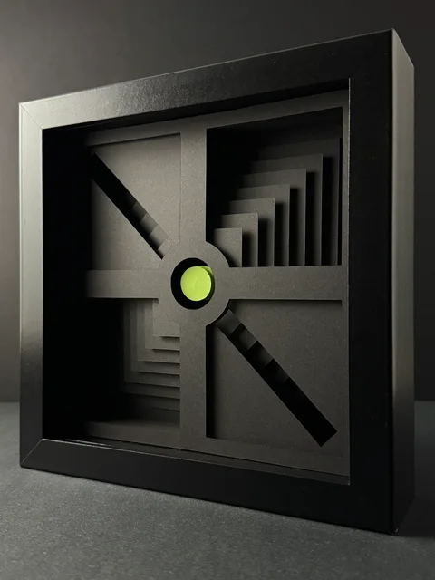 NF-01, angled paper relief with a lime circular core.