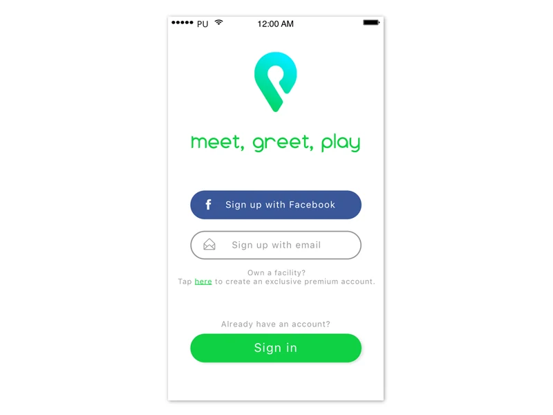 Pickr Uppr sign-in screen with the pin logo, 'meet, greet, play' tagline, Facebook and email sign-up buttons, and a green Sign In button
