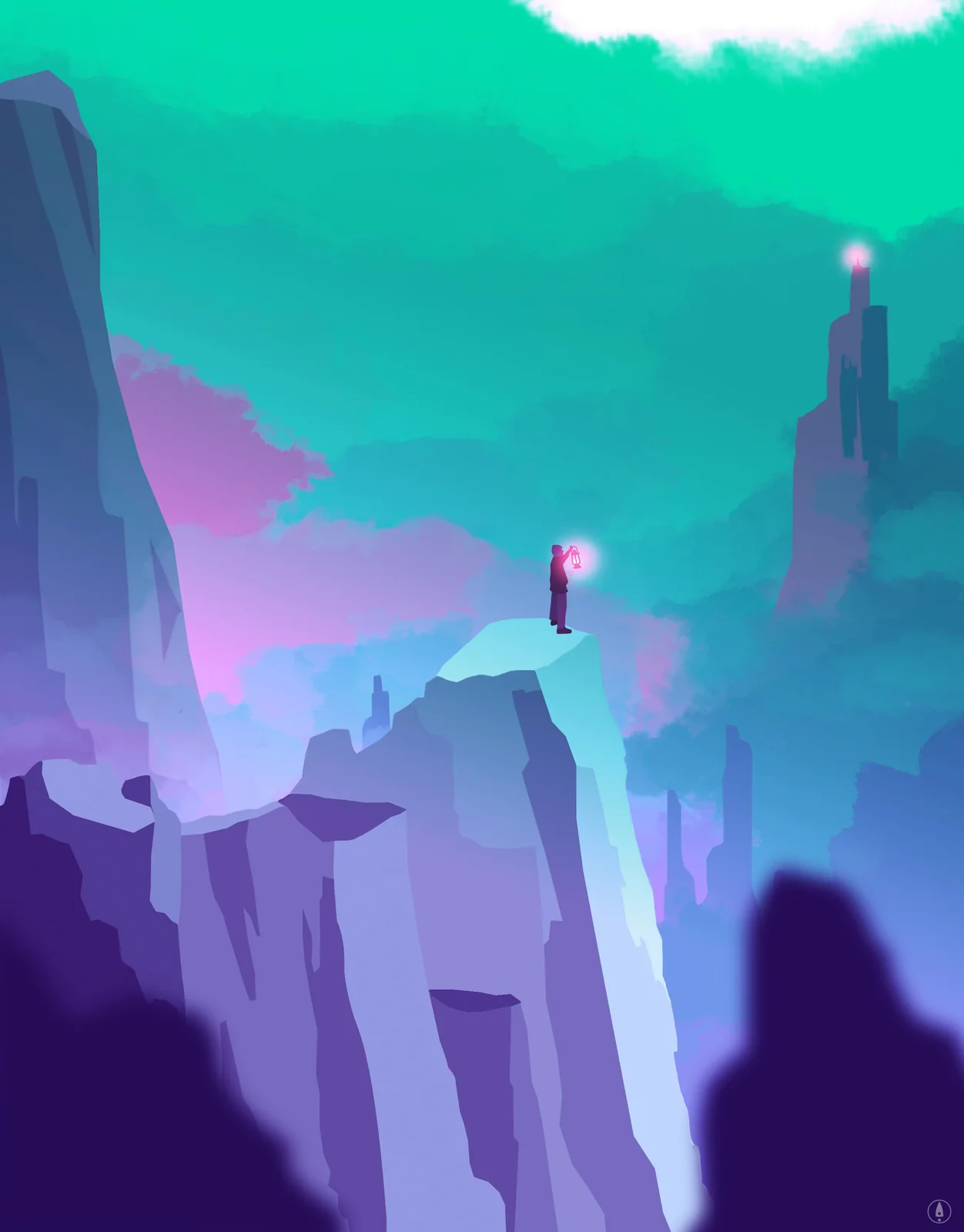 Surreal illustration of a solitary figure holding a glowing lantern on a cliff's edge, overlooking a vast purple and teal canyon with a distant lit spire