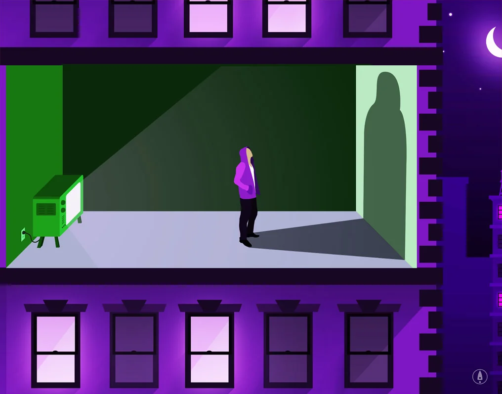 Surreal illustration of a figure in a purple hoodie standing in a bare apartment room lit by a glowing television, with a shadowy hooded figure in a doorway and a crescent moon visible outside